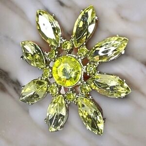 Vintage Glass Brooch Marquise Round Yellow Scintillating Atomic Floral Navettes
